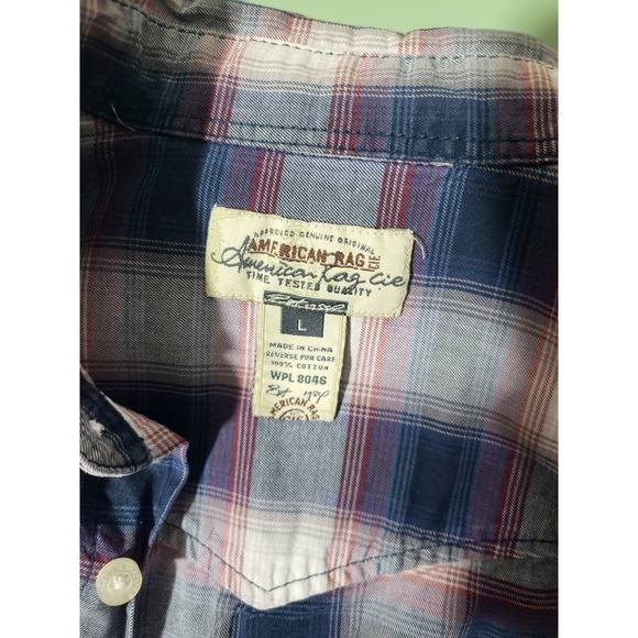 American Rag Cie Men's Blue White Red Plaid Long Sleeve Button-Up Shirt L - Picture 3 of 3